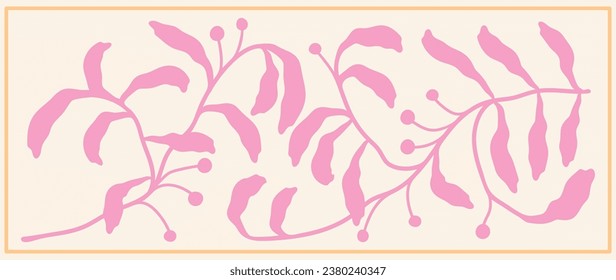 Botanical art vector. Abstract pattern with leaves, branches on a gentle background in pink tones. Simple illustrated modern Matisse style, for fabric, print, cover, banner, wallpaper.	