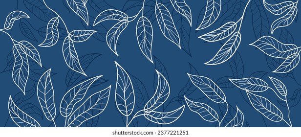 Fondo del vector de arte botánico. Diseño de papel pintado de lujo con hojas blancas, arte en línea, con un fondo azul. Elegante ilustración de hoja para tela, impresiones, cubierta.	