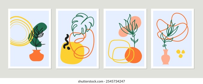 Botanische Kunst Vektor bunte Set. Foliage Linie Kunstzeichnung mit abstrakter Form. Abstrakte Plant Art Design für Print-Cover Tapete Minimale und natürliche Wandkunst. Vektorgrafik