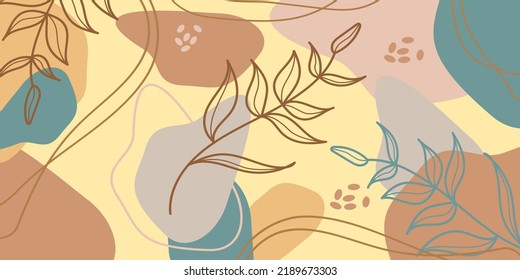 Formas botánicas ilustraciones vectoriales de arte mural. Tono de la Tierra dibujo de líneas de follaje boho con formas abstractas. Diseño artístico con papel impreso, tapicería, tapicería, arte mural natural.