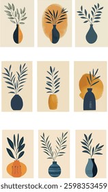 Botanical Art Vector Illustration: Set of Nine Plants in Vases.