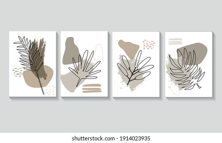 Botanical art vector set. Line drawing of foliage boho tone earth. Abstract plant design for wall prints, canvas prints, posters, home decor. 