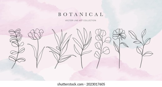 Botanical arts. Hand drawn continuous line drawing of abstract flower, floral, ginkgo, rose, tulip, bouquet of olives. Vector illustration.