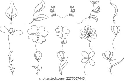 Artes botánicas. Dibujo manual de línea continua de flor abstracta, floral, rosa, hojas tropicales, hojas de primavera y otoño, ramo de aceitunas. Ilustración vectorial.