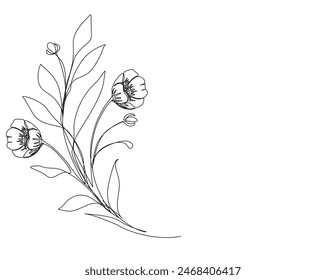 Vector de esquema único de artes botánicas. Dibujo continuo de una línea de flores abstractas, florales, rosas, hojas tropicales, hojas de primavera y otoño,. Trazo editable.