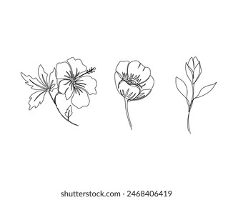 Botanical arts single outline vector. Continuous one line drawing of abstract flower, floral, rose, tropical leaves, spring and autumn leaf,. Editable stroke.