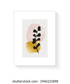 Botanical artwork poster of wall. Abstract golden spot shapes in boho style earth tones with plant outline. Plants design for print, covers, wallpapers, stories and web. Minimal and natural art vector