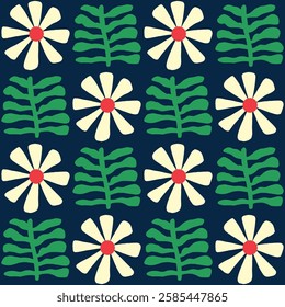 Botanical artwork seamless pattern design on dark blue background color - Flowers matisse style design
