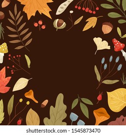 Botanical autumn collection. Fall season square frame of hand drawn colorful fallen leaves, twigs, berries, forest mushrooms, tree branches. Cartoon textured vector illustration with place for text