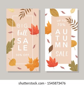 Botanical autumn collection. Fall season sale banners, templates of hand drawn colorful fallen leaves, twigs, berries, forest mushrooms, tree branches. Cartoon textured composition with place for text