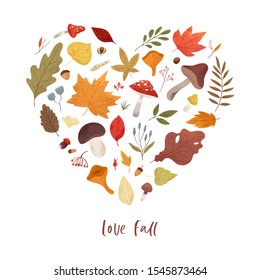 Botanical autumn collection. Seasonal set of hand drawn colorful fallen leaves, twigs, berries, acorns, forest mushrooms, tree branches. Cartoon textured vector illustration in realistic style