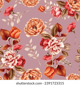 Botanical autumn floral watercolor seamless pattern