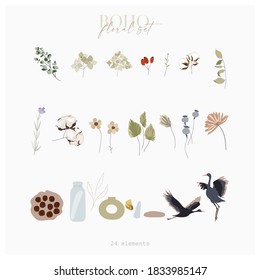 Conjunto de ilustraciones botánicas otoñales de diferentes florales, botánicos, hojas secas, pájaros de grúas y formas abstractas de boho y cerámica. Ilustración del vector