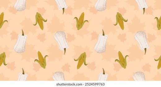Botanical autumn ornament, seamless pattern. Corn and pumpkin.