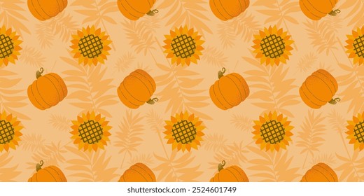 Botanischer Herbstschmuck, nahtloses Muster. Sonnenblumen und Kürbis.