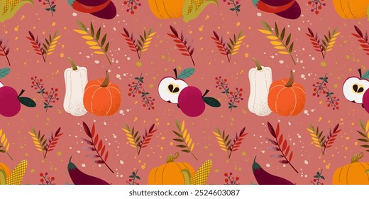 Botanical autumn ornament, seamless pattern. Apples, corn, pumpkin, leaves