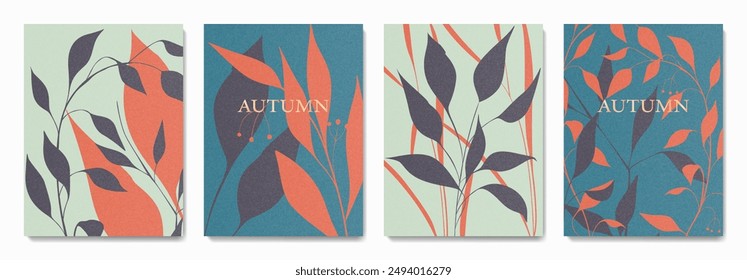 Botanical autumn poster set with abstract set of leaves and grass. Set of modern fall background designs, for decor, postcard, social media, poster, advertising, sales.