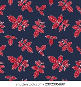 Botanical autumn seamless pattern with branches and red leaves on a dark blue background.
