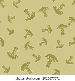 Botanical autumn seamless pattern with random Leccinum scabrum mushroom green print. Beige background. Stock illustration. Vector design for textile, fabric, giftwrap, wallpapers.