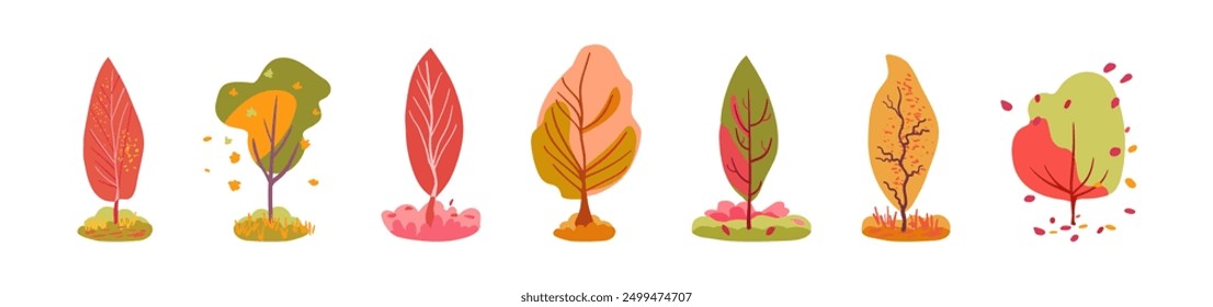 Botanical autumn set of green and red trees. Orange vegetation folk. Isolated vector white background