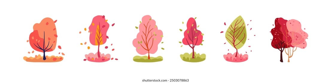 Botanical autumn set of trees. Decorative pink and orange plants, green and burgundy folk trees. Isolated vector white background