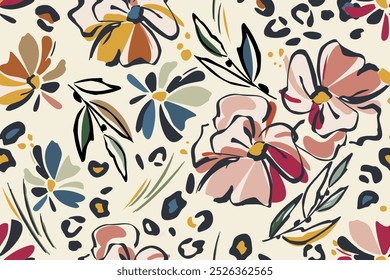 Botanical background of abstract flowers and leopard skin spots. Seamless handmade summer floral background template. Sketchy pattern of black outlines, white, orange, muted and natural shades