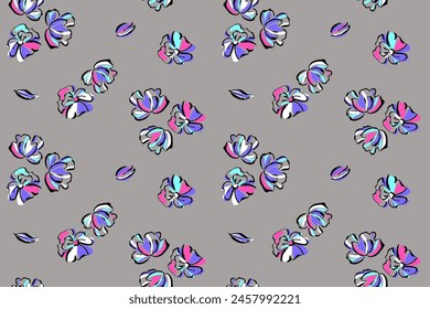 Botanical background of abstract flowers in modern trendy style. Seamless pattern summer floral background on gray. Sketchy flat design of black outlines and bright white pink blue lilac strokes. 