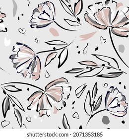 Botanical background from abstract flowers   seamless pattern summer floral background  Sketchy drawing black outlines   gray  pink strokes  Vintage style  Printing wallpaper  cover  bed linen 