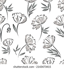 Botanical background from abstract flowers. seamless pattern summer floral background. Sketchy drawing of black outlines and gray strokes. vintage style. Printing on wallpaper, cover, bed linen