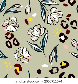 Botanical background of abstract flowers and spots of leopard skin. Handmade seamless pattern of summer floral background. Sketchy drawing of black outlines and white and pink blue strokes. 