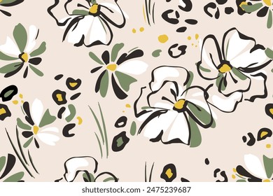 Botanical background of abstract flowers and spots of leopard skin. Handmade seamless pattern of summer floral background. Sketchy drawing of black outlines, white, orange, muted and natural shade