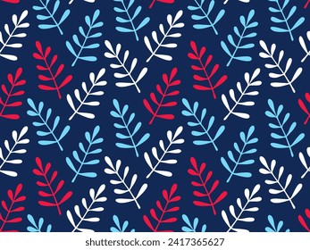 Botanical background. Abstract leaves for a seamless natural pattern. Light blue, white, red leaves on dark blue backdrop for fabric print for shirts, dresses, men's clothing, outerwear, jackets.