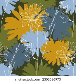 Botanical background daisies with trendy wildflowers and minimalist flowers for wall decoration or wedding. Hand drawn line herb, elegant leaves for invitation save the date card. Botanical rustic