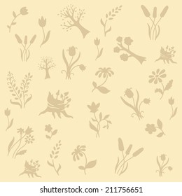 Botanical background, doodle flowers set, isolated elements, vector illustration