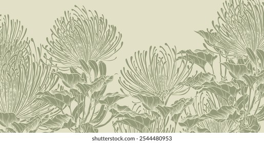 Botanical background with exotic protea flowers on green background. Hand drawn vector illustration.