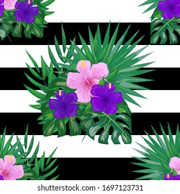 Botanical background. Exotic tropical flowers and leaves. Seamless pattern for banners, cards, fabric and web design. Isolated vector illustration.
