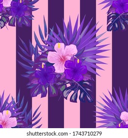 Botanical background. Exotic tropical flowers and leaves. Seamless pattern for banners, cards, fabric and web design. Isolated vector illustration.