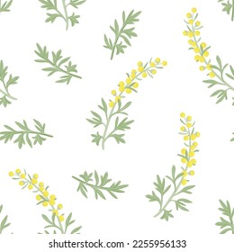 Botanical background with field wild herbs. Wormwood with yellow flowers and green leaves. Floral seamless pattern. Vector cartoon illustration of medical plant.