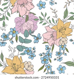 Fondo botánico con flores olvidadme no y hojas de tonos pastel suaves. Fondo floral sin fisuras. Patrón floral sin fisuras. Patrón botánico para papel de embalaje, textil, estampados de tela