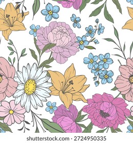 Botanical Background with forget me not flowers and leaves soft pastel tones. Floral Seamless background Illustration. Floral Seamless Pattern. Botanical pattern for wrapping paper, textile, fabric prints