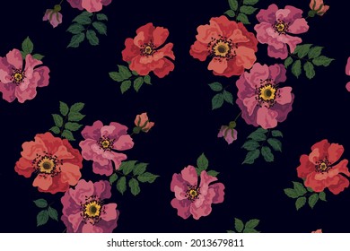 Botanical background with large open rosehip buds, leaves. Seamless floral pattern on a dark background. Vector.