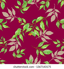 Botanical background, laurel, ficus, tea. Green spring leaves. Watercolor seamless pattern. Theme design cover, invitation, booklet, printing.