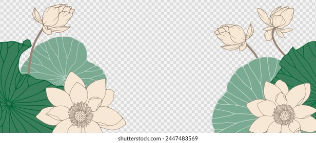 Botanical  background with lotus or water lily flowers and leaves. Floral foliage for wedding invitation, wall art or card template. Vector illustration.