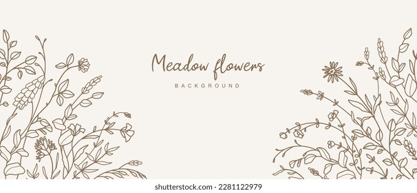Botanical background with meadow greenery and flowers. Vintage frame, foliage pattern for wedding invitation, wall art and card template. Vector illustration in hand drawn line art style