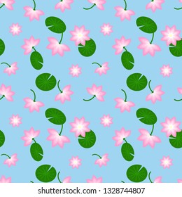 Botanical background with pink lotus and green lily pads on blue background. Seamless pattern for fabric, print, wallpaper, wrapping, textile