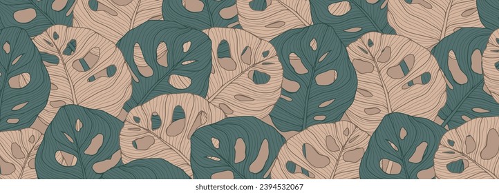 Botanical background, poster, banner with monstera leaves in beige and turquoise tones