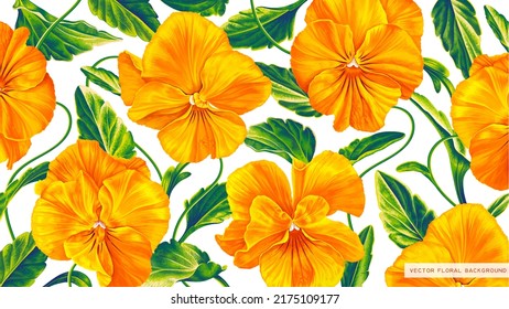 Fondo botánico con flores amarillas realistas de Pansies, Viola. Inflorescencias vectoriales, pétalos y hojas para papel tapiz de escritorio en computadora o tablet, banners, medios sociales, publicidad.