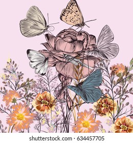 Botanical background with roses, field flowers and butterflies