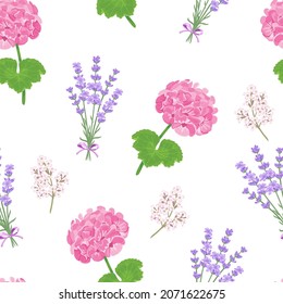 Botanical background. Seamless pattern with pink geraniums, lavender and verbena flowers. Vector illustrations of garden plants in cartoon flat style.