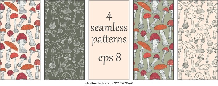 Botanical background, set of 4 seamless patterns for textile, wallpapers, bedding, clothes, wrapping. Hand drawn fly agaric mushrooms on beige and green background, coloured lineart, amanita muscaria